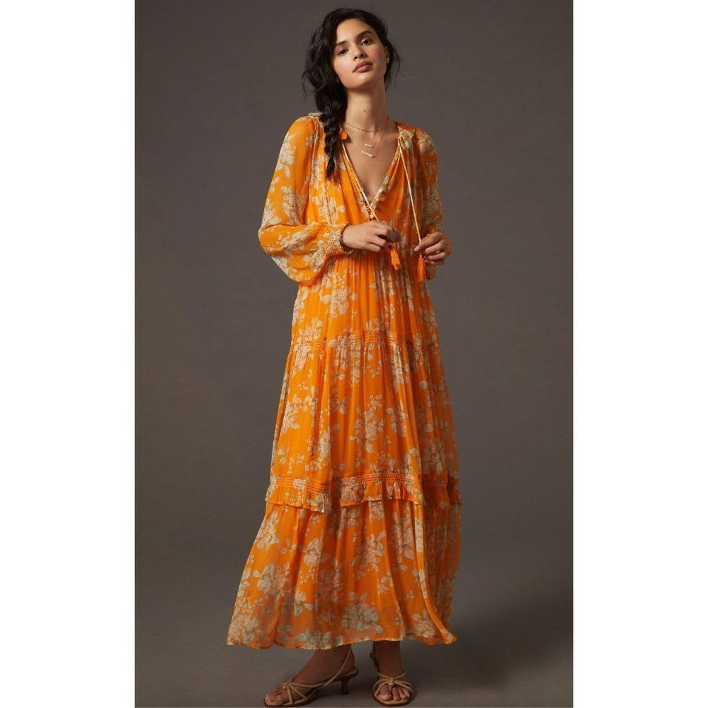 Anthropologie The Marais Printed Chiffon Maxi Dress in Orange Motif, NWT XS - Picture 1 of 8